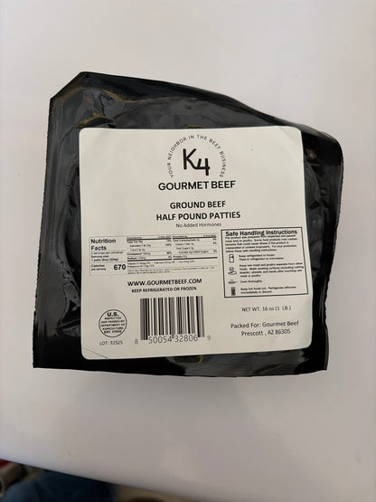 Black package labeled Bistro Patties half-pound patties