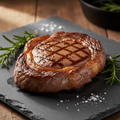 12 oz USDA Choice Ribeye Steak on a dark slate board with rosemary and sea salt