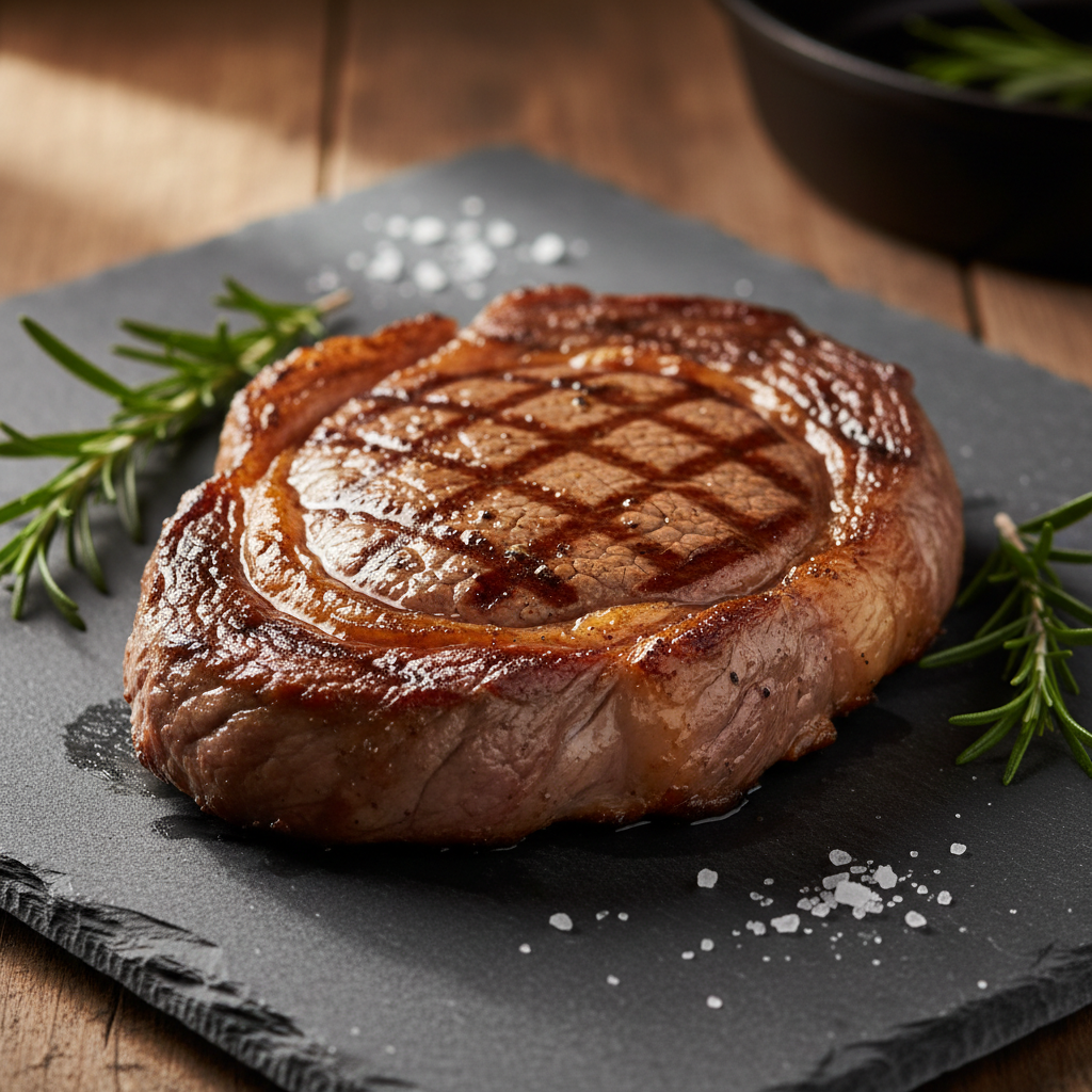 12 oz USDA Choice Ribeye Steak on a dark slate board with rosemary and sea salt