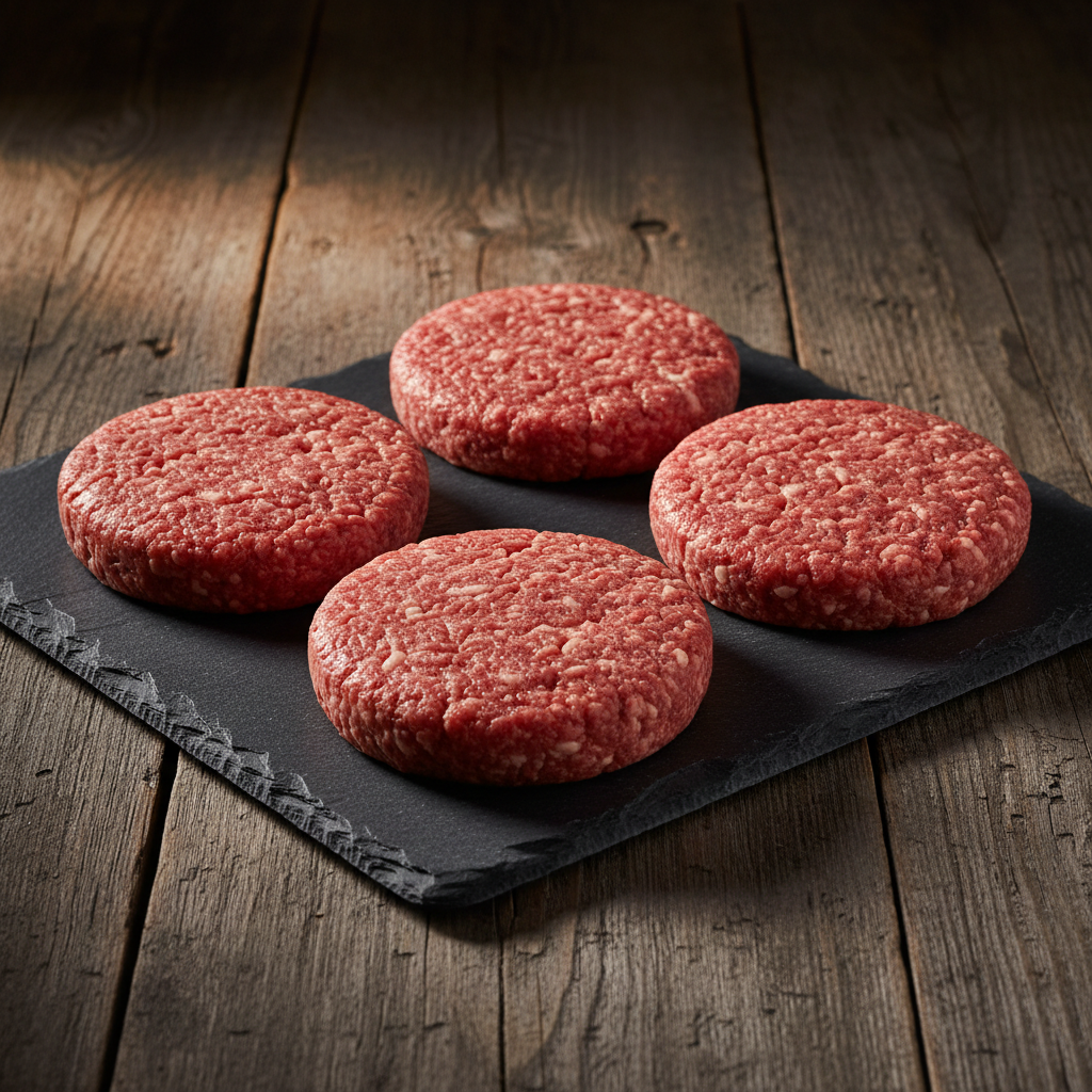 Four 1/4-pound 80/20 beef burger patties on a dark slate board