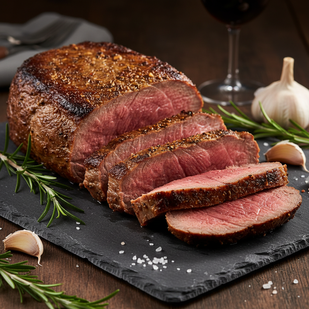 USDA Choice Ball Tip Roast sliced on a dark slate board with rosemary and garlic
