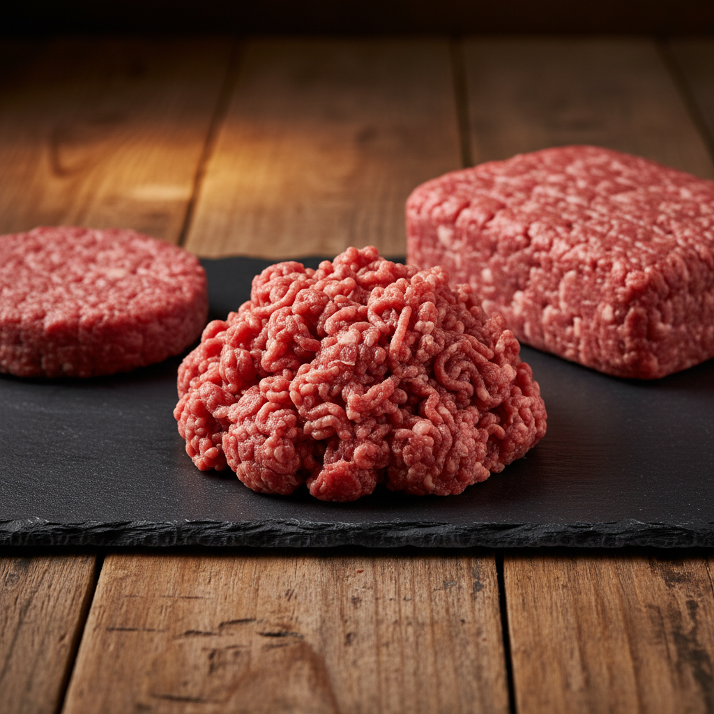 Fresh raw 80/20 ground beef as a patty, loose pile, and block on a dark slate board