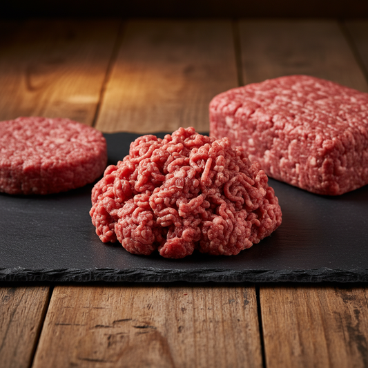 Fresh raw 80/20 ground beef as a patty, loose pile, and block on a dark slate board