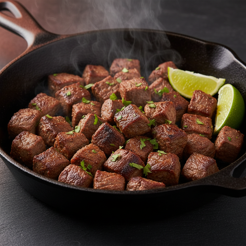 Seasoned carne asada sizzling on a cast iron skillet with cilantro and lime