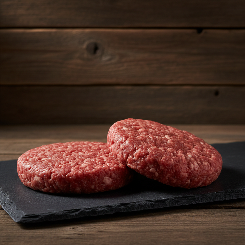 Two 1/2-pound 80/20 beef burger patties on a dark slate board