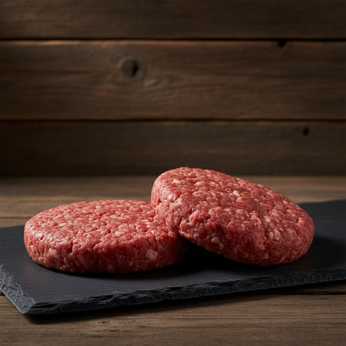 Two 1/2-pound 80/20 beef burger patties on a dark slate board