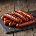 All-beef smoked hot dogs with grill marks on a dark slate board