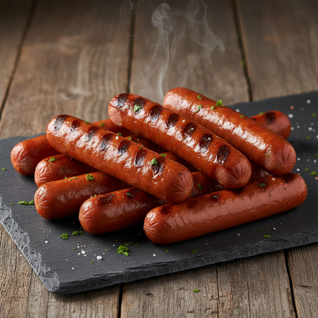 All-beef smoked hot dogs with grill marks on a dark slate board