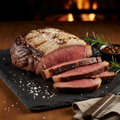 Picanha sirloin cap steak with fat cap seared and sliced on a dark slate board