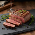 8 oz cowboy cut filet mignon seared with golden crust on dark slate board