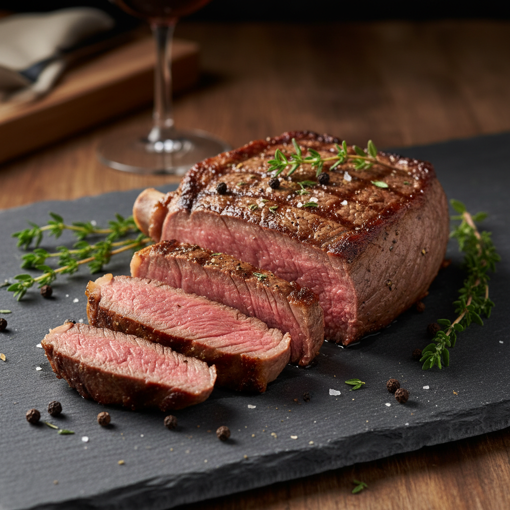 8 oz cowboy cut filet mignon seared with golden crust on dark slate board